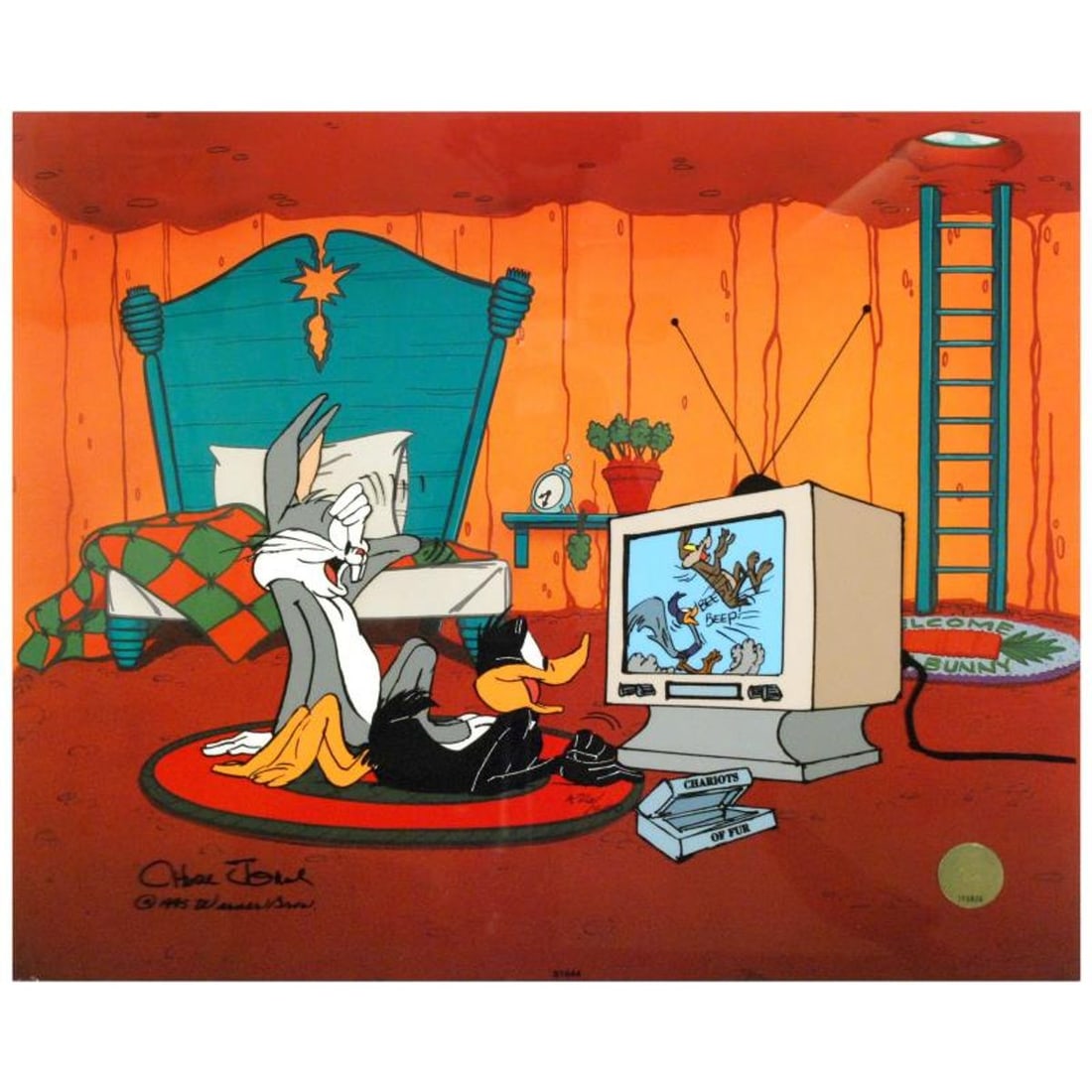 Just Fur Laughs by Chuck Jones (1912-2002). Limited Edition Animation Cel with Hand Painted Color: Own this amazing piece based on the original line image hand drawn and hand-inked on paper by Mr. Jones! "Just Fur Laughs" is a sold out limited edition animation cel with hand painted coloring on ser