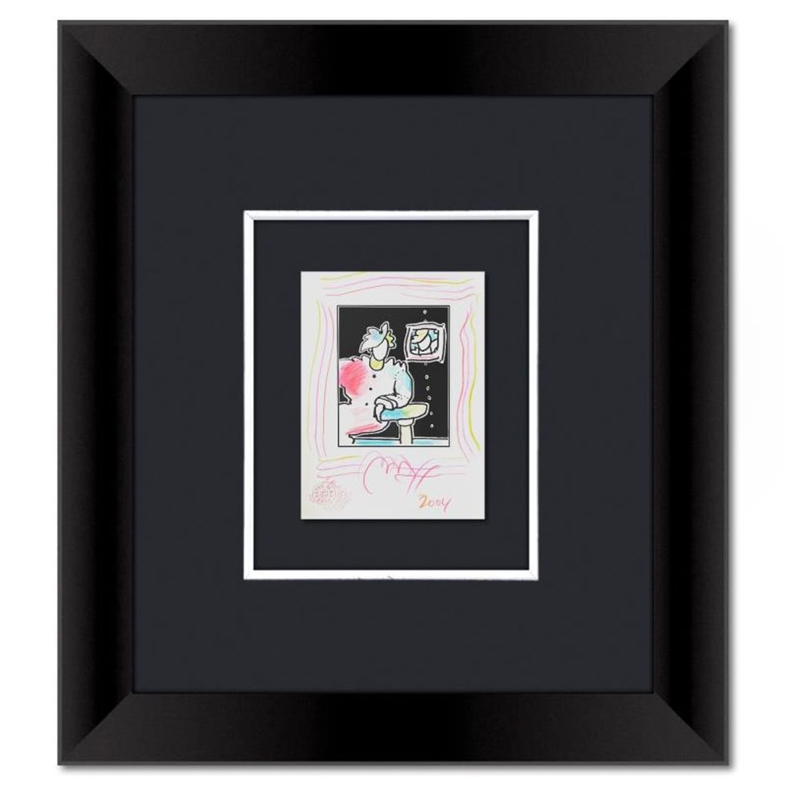 Peter Max, Framed One-of-a-Kind Mixed Media, Hand Signed with Registration Number Certifying: This is a one-of-a-kind mixed media on paper, hand signed by Peter Max. The piece comes custom framed with a backside cutout to display Peter Max Studio registration number 339483 certifying