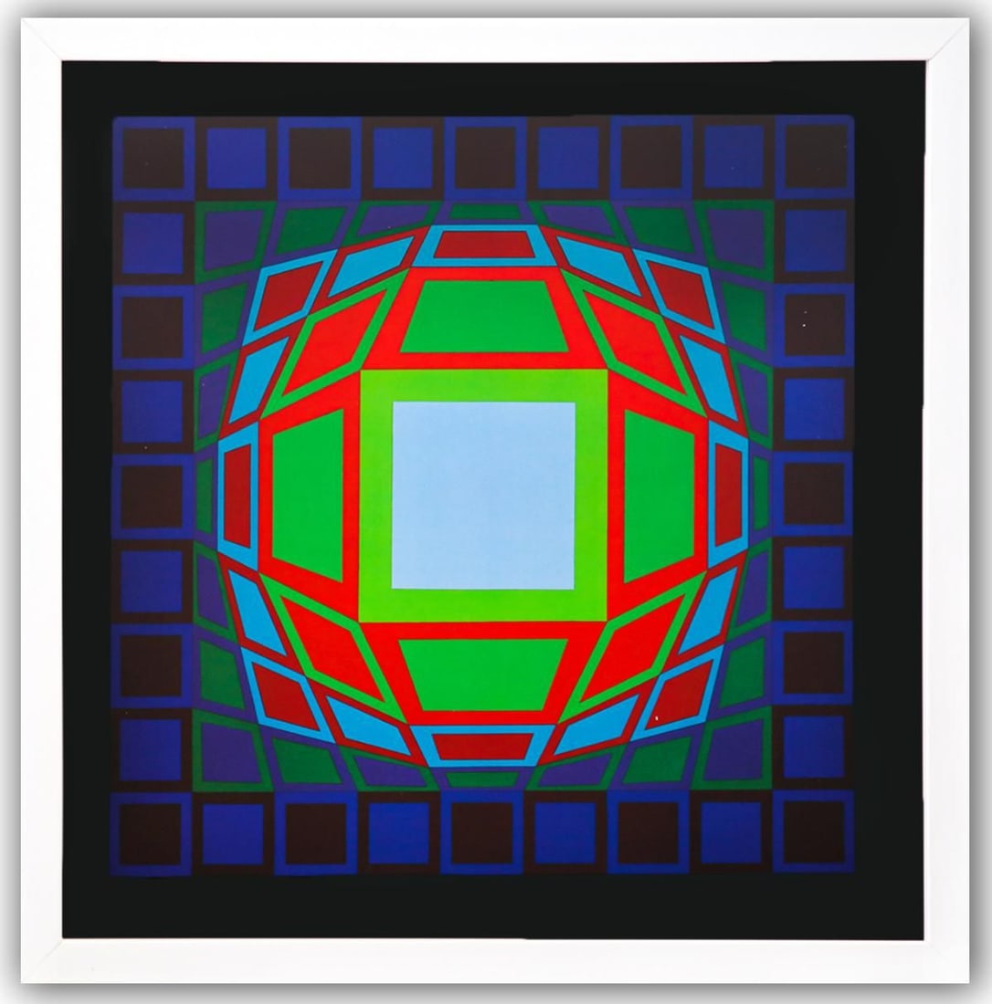 Victor Vasarely- Heliogravure Print "Untitled": Artist: Victor Vasarely. Medium: Heliogravure Print. Title: Untitled. Size: 10" x 10". Measures approx. 12" x 12" (framed). Additional: Custom Framed. Reference#: 21441.