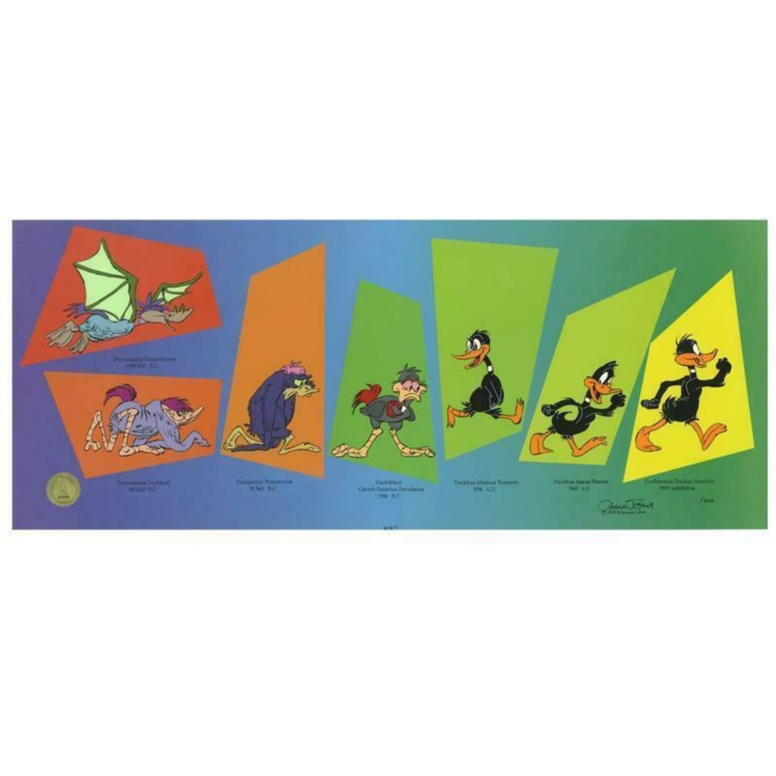 Chuck Jones "Evolution Of Daffy" Hand Signed, Hand Painted Limited Edition Sericel.: Evolution Of Daffy is a limited edition animation cel with hand painted coloring on sericel outline. The piece is numbered, hand signed by Chuck Jones (1912-2002), and includes a Certificate of Authen