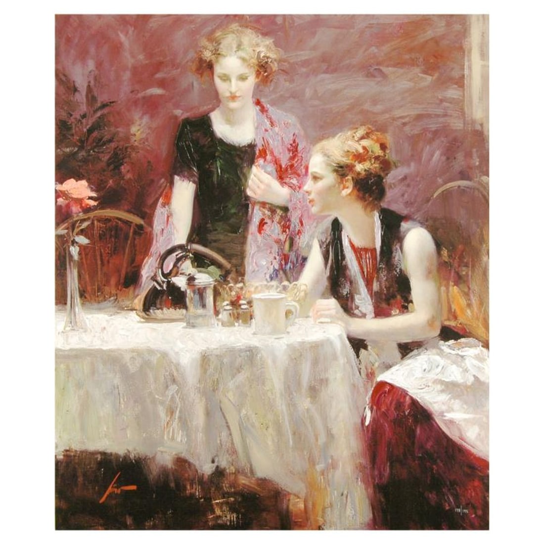 Pino (1939-2010), "After Dinner" Limited Edition on Canvas, Numbered and Hand Signed with: After Dinner is a limited edition giclee on canvas by Pino (1939-2010), numbered and hand signed by the artist. Includes Certificate of Authenticity. Measures approx. 12" x 14" (image). Reference#: 92