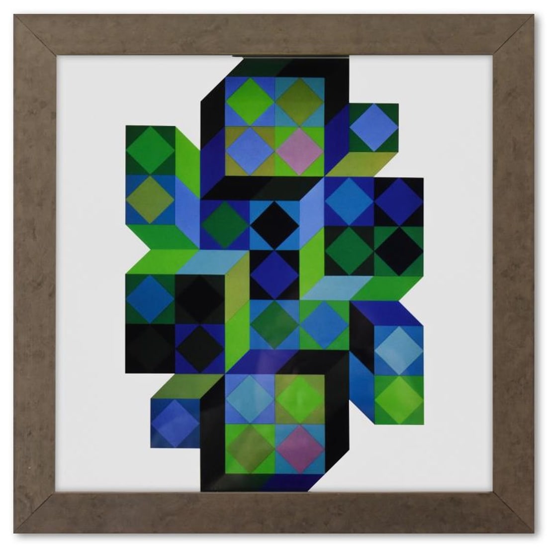 Victor Vasarely (1908-1997), "Tridim - B de la serie Hommage A L'Hexagone" Framed 1971 Heliogravure: Tridim - B de la serie Hommage A L'Hexagone is a heliogravure print on paper, published in 1971, by Victor Vasarely (1908-1997). This piece comes custom framed, with a letter of authenticity and with 