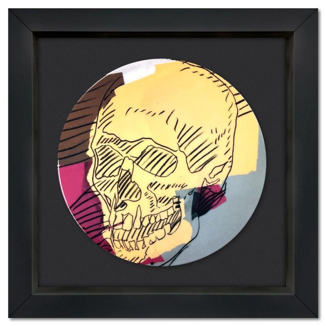 Andy Warhol (1928-1987), "SKULL (Beige)" Framed Limoges Porcelain Plate.: SKULL (Beige) is a Limoges porcelain plate bearing the plate signature inverso of Andy Warhol (1928-1987). This plate is custom framed and floated on linen. Measures approx. 13.5" x 13.5" (frame), 8.5