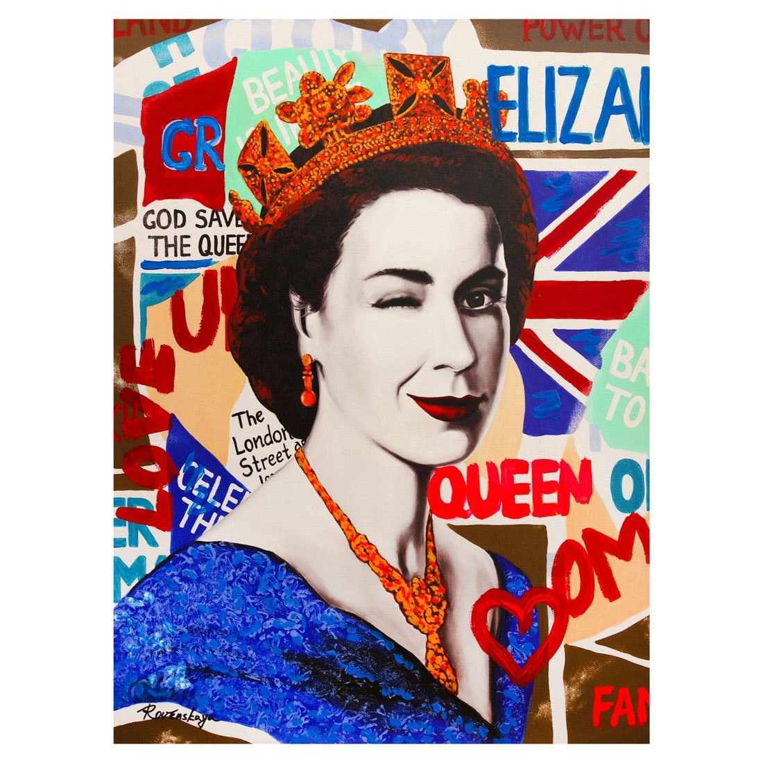 Nastya Rovenskaya- Mixed Media on Canvas "Queen Elizabeth": Artist: Nastya Rovenskaya. Medium: Mixed Media on Canvas. Title: Queen Elizabeth. Size: 40" x 30". Signature: Hand signed. Certificate of Authenticity: Is included. Reference#: 49437.