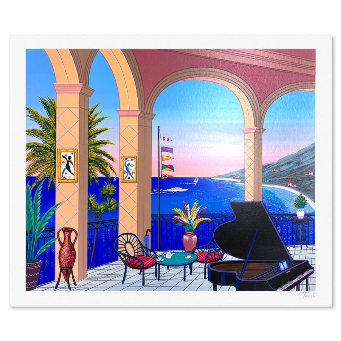 Fanch Ledan, "Terrace Au Piano" Limited Edition Serigraph, AP Numbered and Hand Signed with Letter: Terrace Au Piano is a limited edition serigraph on paper by Fanch, AP numbered and hand signed by the artist. Includes Letter of Authenticity. Measures approx. 20" x 23.5" (border), 17.5" x 21" (image