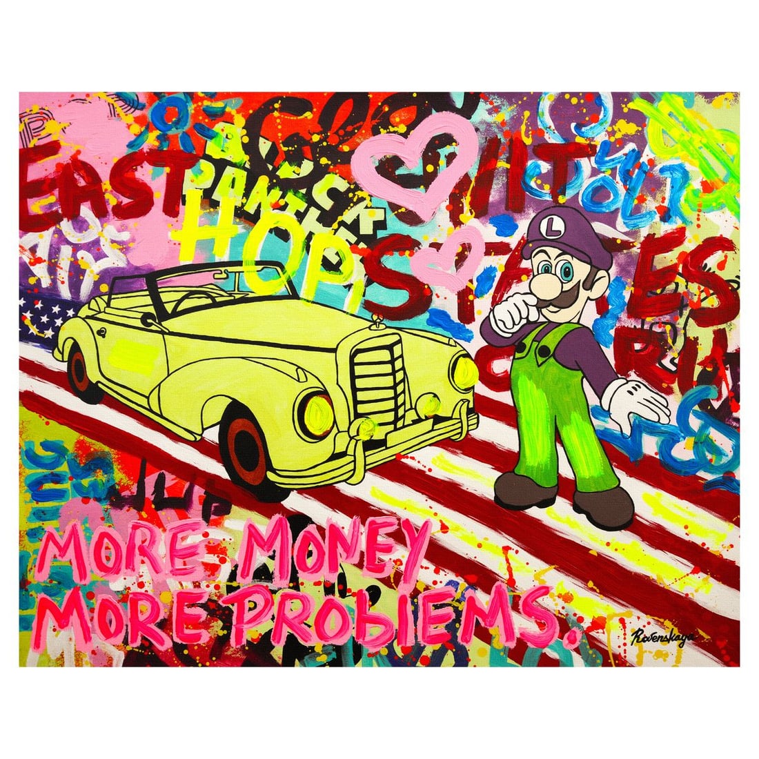 Nastya Rovenskaya- Mixed Media on Canvas "About to Drive": Artist: Nastya Rovenskaya. Medium: Mixed Media on Canvas. Title: About to Drive. Size: 24" x 30". Signature: Hand signed. Certificate of Authenticity: Is included. Reference#: 58901.
