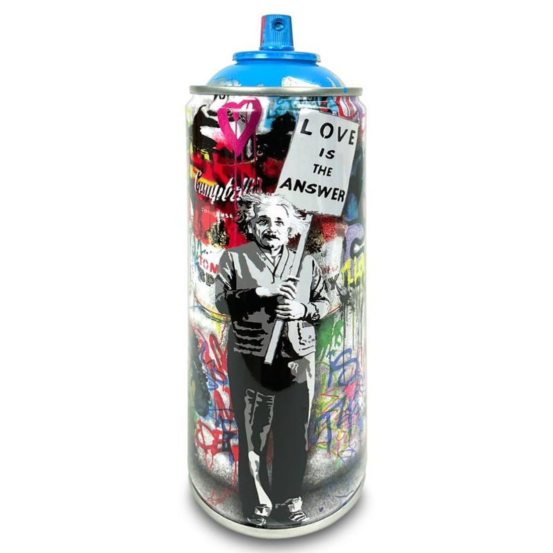 Mr. Brainwash, "Love is the Answer (Cyan)" Limited Edition Hand Painted Spray Can with Plate: Love is the Answer (Cyan) is a numbered limited edition hand painted spray can by Mr Brainwash. This piece bears the plate signature of the artist and comes from his 2020 Classic Spray Can Collection.