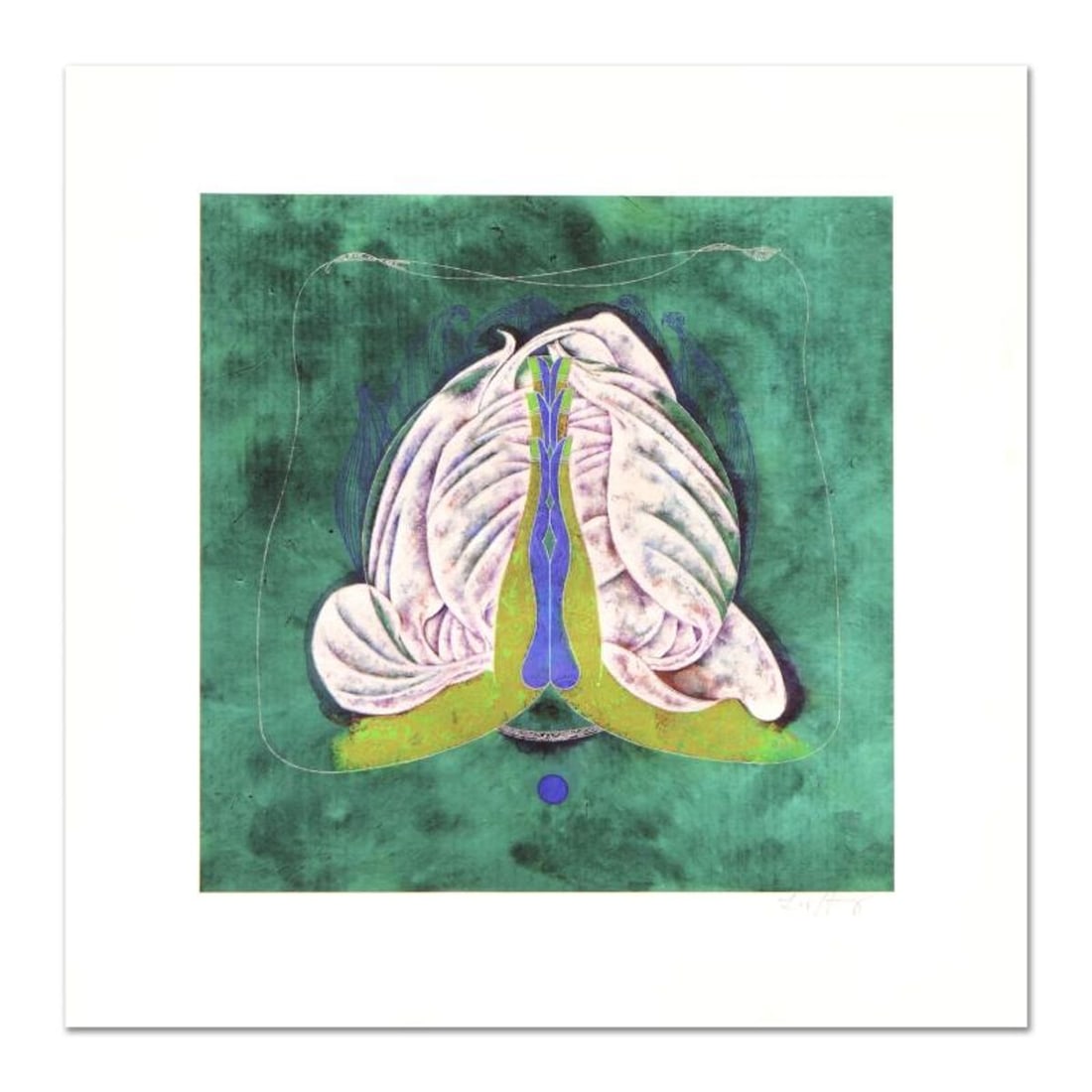 Lu Hong "Mudra Namskara, Prayer" Hand Signed Limited Edition Giclee with Letter of Authenticity.: Mudra Namskara, Prayer is an limited edition giclee on canvas, by Lu Hong. Hand signed by the artist, this piece comes with a letter of authenticity. The frame is damaged and will need to be repaired 