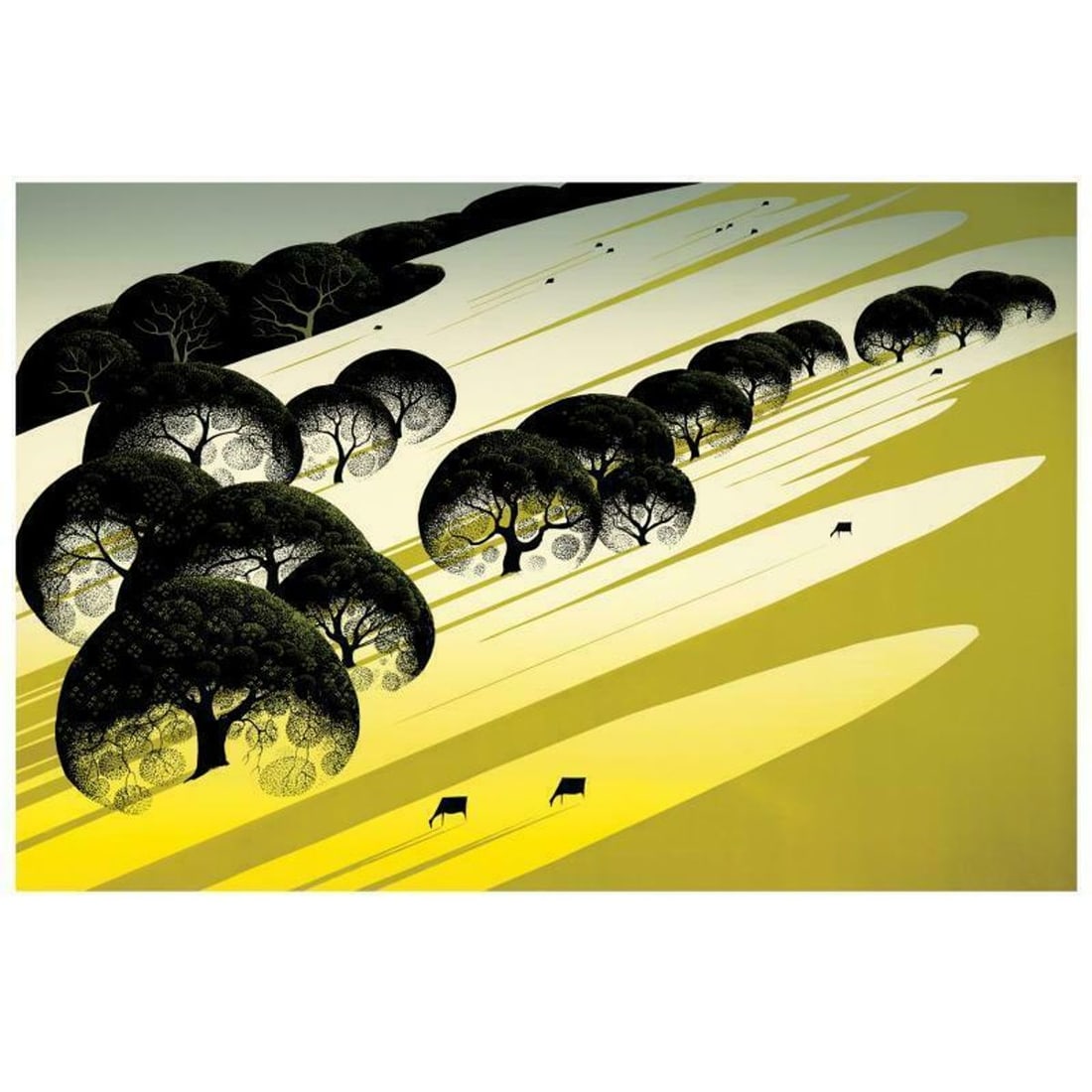 Eyvind Earle (1916-2000), "Cattle Country" Limited Edition Serigraph on Paper; Numbered & Hand: Cattle Country is a limited edition serigraph on paper by Eyvind Earle (1916-2000). The piece is numbered, hand-signed by the artist, and accompanied by a certificate of authenticity. Measures approxi