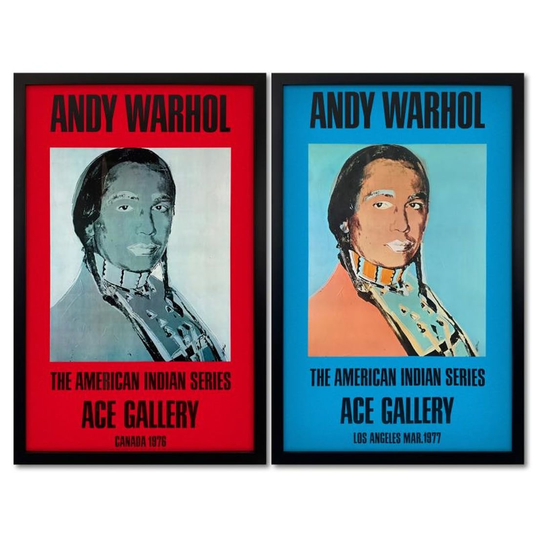 Andy Warhol (1928-1987), "The American Indian Series 2 Piece Set (Red & Blue)" Framed Vintage: The American Indian Series (Red & Blue) is a 2 piece set of vintage posters by Andy Warhol (1928-1987) from the Ace Gallery, Los Angeles, CA. This set comes custom framed. Includes Letter of Authentic