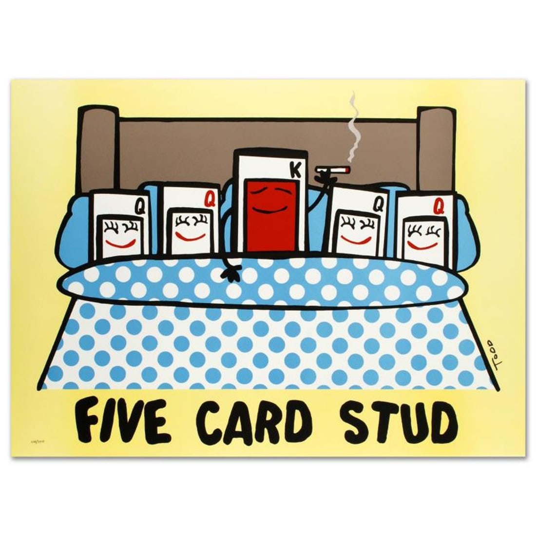 Five Card Stud Limited Edition Lithograph by Todd Goldman, Numbered and Hand Signed with Certificate: Pop artist Todd Goldman is known all across the globe for his whip-smart and wickedly funny puns and pictures! "Five Card Stud" is a limited edition lithograph on paper, numbered and hand signed by To