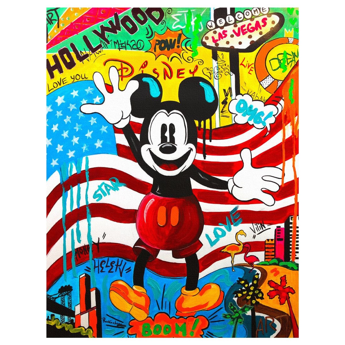 Nastya Rovenskaya- Original Mixed Media on Canvas "Back in the U.S.A": Artist: Nastya Rovenskaya. Medium: Original Mixed Media on Canvas. Title: Back in the U.S.A. Size: 40" x 30". Signature: Hand Signed by the artist. Certificate of Authenticity: From the publisher. Ref