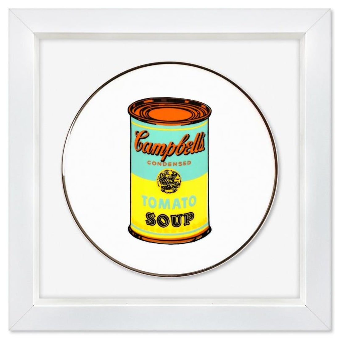 Andy Warhol (1928-1987), "Campbell (Blue/Yellow)" Framed Limoges Porcelain Plate.: Campbell (Blue/Yellow) is a Limoges porcelain plate bearing the plate signature inverso of Andy Warhol (1928-1987). This plate is custom framed and floated on linen. Measures approx. 13.5" x 13.5" (fr