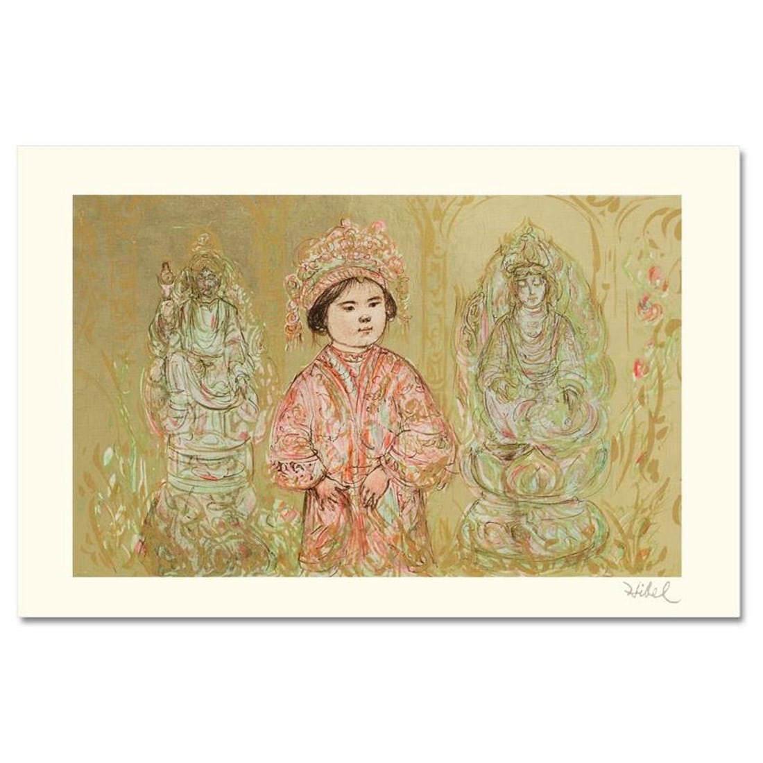 Willie and Two Quan Yins Limited Edition Lithograph by Edna Hibel, Numbered and Hand Signed with: Wild lines and muted colors make Edna Hibel's art stand out in any room. "Willie and Two Quan Yins" is a limited edition lithograph on paper, numbered and hand signed by Hibel. Includes Certificate of