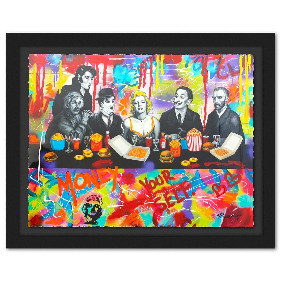 Nastya Rovenskaya- Original Mixed Media on Deckle Edge Paper "The Last ICONIC Meal": Artist: Nastya Rovenskaya. Medium: Original Mixed Media on Deckle Edge Paper. Title: The Last ICONIC Meal. Size: 38" x 50". Measures approx. 48" x 60" (framed). Signature: Hand Signed by the artist.