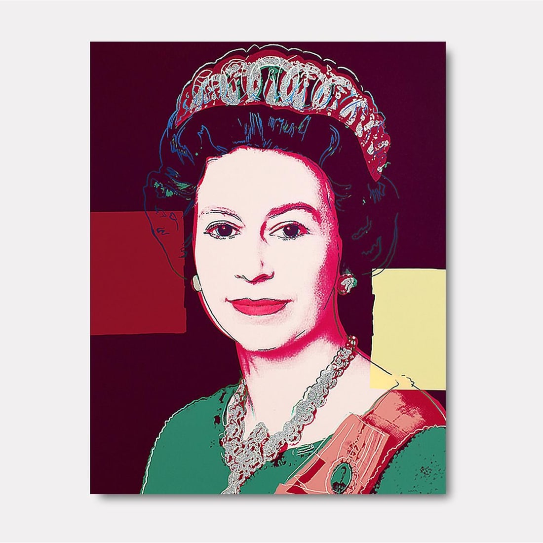 Andy Warhol- Silk Screen on Museum Board with Diamond Dust "Queen Elizabeth II of the United Kingdom: Artist: Andy Warhol. Medium: Silk Screen on Museum Board with Diamond Dust. Title: Queen Elizabeth II of the United Kingdom 335 (Diamond Dust). Size: 38" x 30" 1/4". Certificate of Authenticity: Limit