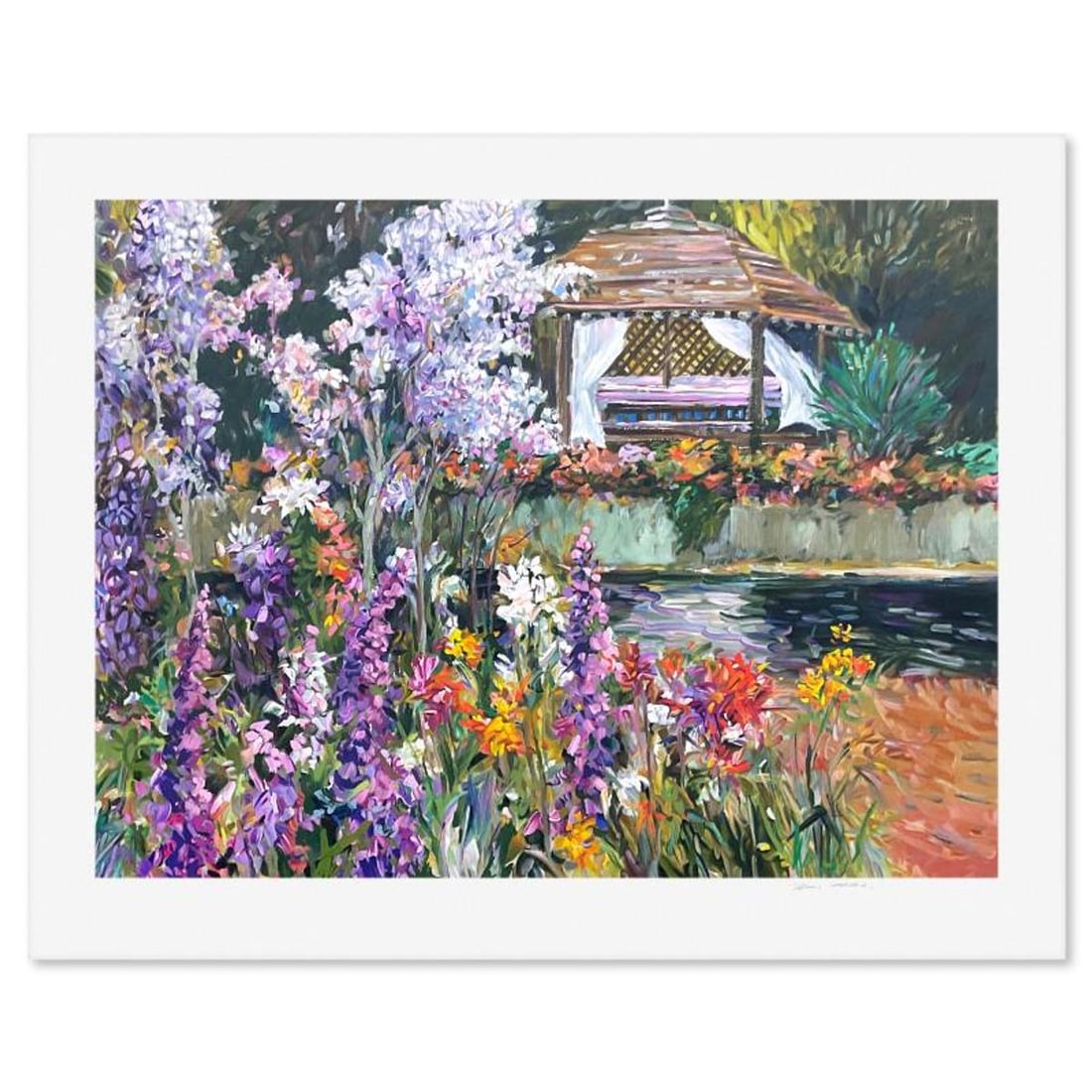 Henri Plisson (1933-2006), "The Gazebo" Limited Edition Serigraph, Numbered and Hand Signed with: The Gazebo is a limited edition serigraph on paper by Henri Plisson (1933-2006), numbered and hand signed by the artist. Includes Letter of Authenticity. Measures approx. 30.5" x 38.5" (border), 25" x
