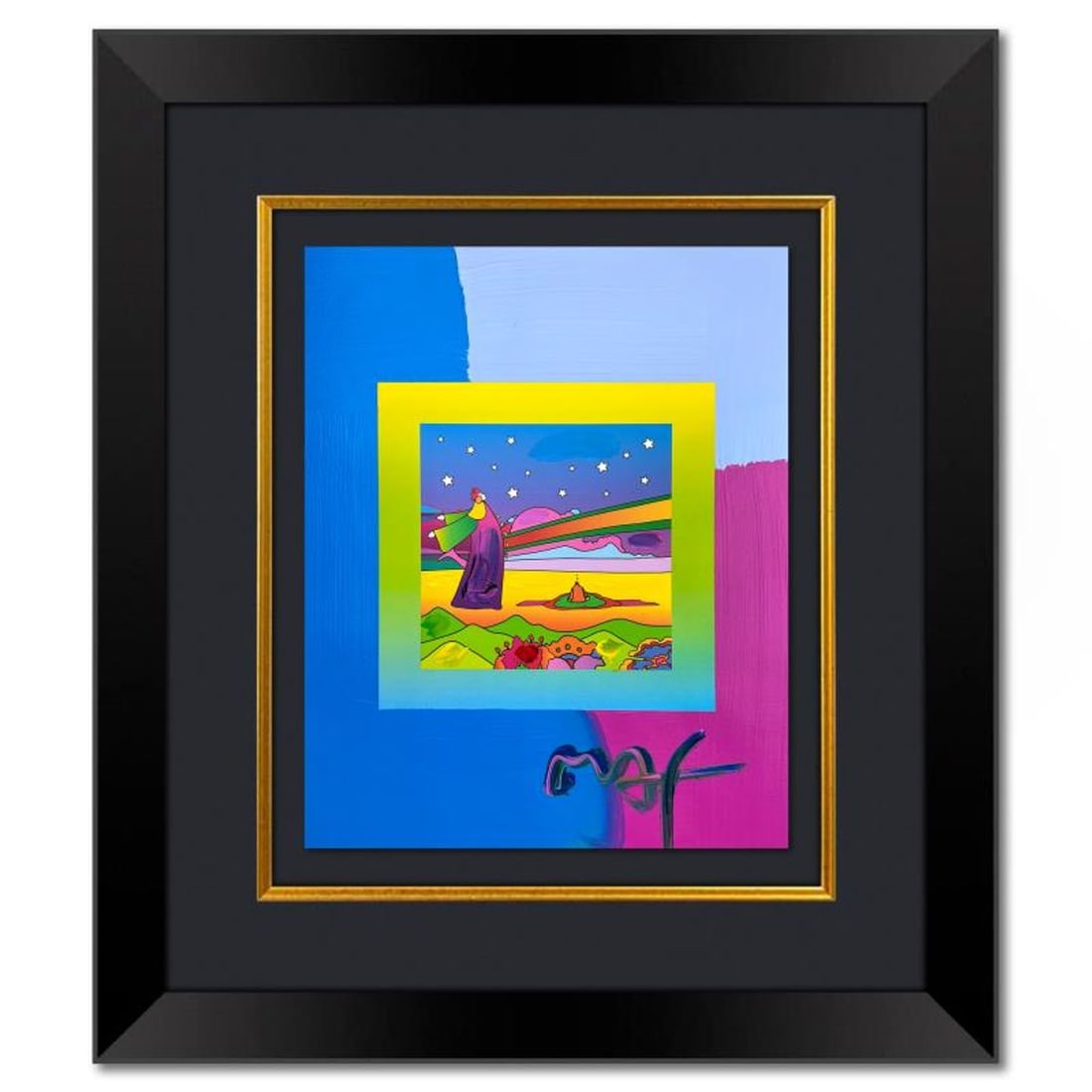 Peter Max, "2 Sages with Stars" Framed One-of-a-Kind Mixed Media, Hand Signed with Registration: 2 Sages with Stars is a one-of-a-kind mixed media on paper, hand signed by Peter Max. The piece comes custom framed with a backside cutout to display Peter Max Studio registration number 247577 certif