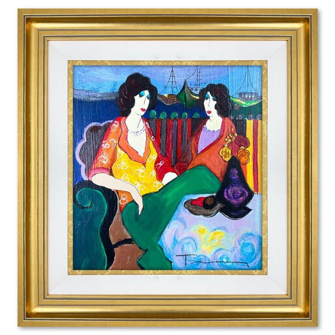 Itzchak Tarkay (1935-2012), "At the Port" Framed One-of-a-Kind Mixed Media Over Paint on Wood, Hand: At the Port is a one-of-a-kind mixed media over paint on wood by Itzchak Tarkay (1935-2012), hand signed by the artist. This piece comes custom framed. Includes Letter of Authenticity. Measures approx