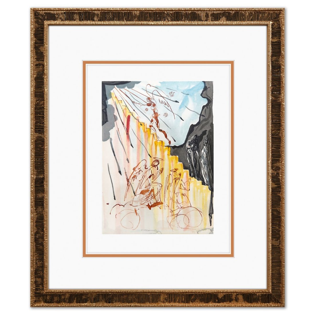 Salvador Dali- Original Color Woodcut on B.F.K. Rives Paper "Purgatory 21": Artist: Salvador Dali. Medium: Original Color Woodcut on B.F.K. Rives Paper. Title: Purgatory 21. Size: 13" x 10". Measures approx. 19" x 16" (framed). Certificate of Authenticity: Is included. Additi