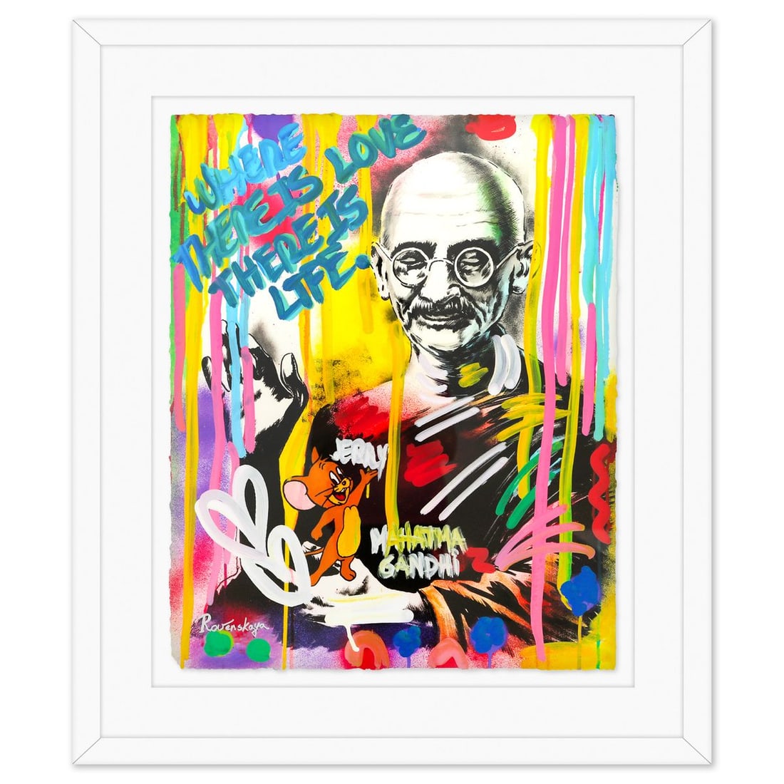 Nastya Rovenskaya- Original Mixed Media on Deckle Edge Paper "Gandhi": Artist: Nastya Rovenskaya. Medium: Original Mixed Media on Deckle Edge Paper. Title: Gandhi. Size: 30" x 24". Measures approx. 41" x 35" (framed). Signature: Hand signed. Certificate of Authenticity: 