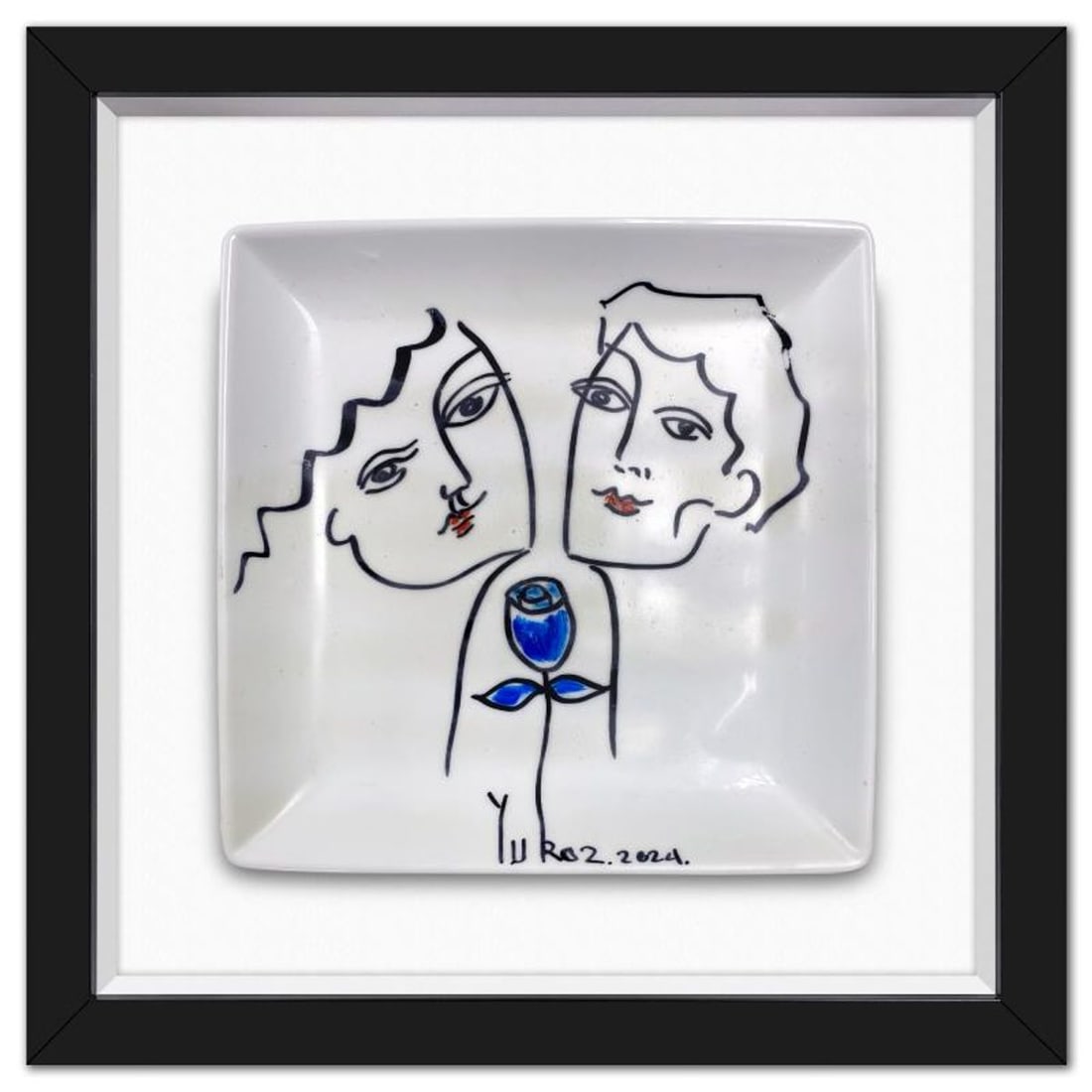 Yuroz, Framed Hand Painted Ceramic Plate, Hand Signed with Letter of Authenticity.: This is a hand painted ceramic plate by Yuroz, hand signed by the artist. This piece comes custom framed floated on linen. Includes Letter of Authenticity. Measures approx. 15.5" x 15.5" (frame), 10" 