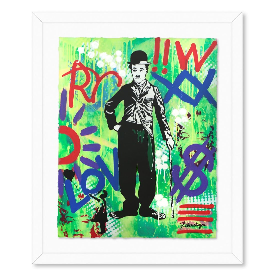 Nastya Rovenskaya- Mixed Media on Paper "Chaplin in Green": Artist: Nastya Rovenskaya. Medium: Mixed Media on Paper. Title: Chaplin in Green. Size: 30" x 24". Measures approx. 38" x 32" (framed). Signature: Hand Signed. Certificate of Authenticity: Is included