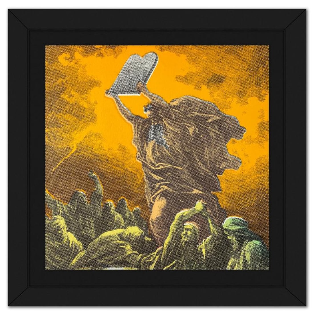 Steve Kaufman (1960-2010), "Moses & the Ten Commandments" Framed Hand Embellished Limited Edition: Moses & the Ten Commandments is a hand embellished limited edition silkscreen on canvas by Andy Warhol protege, Steve Kaufman (1960-2010), numbered AP 7/50 inverso and hand signed by the artist. This 
