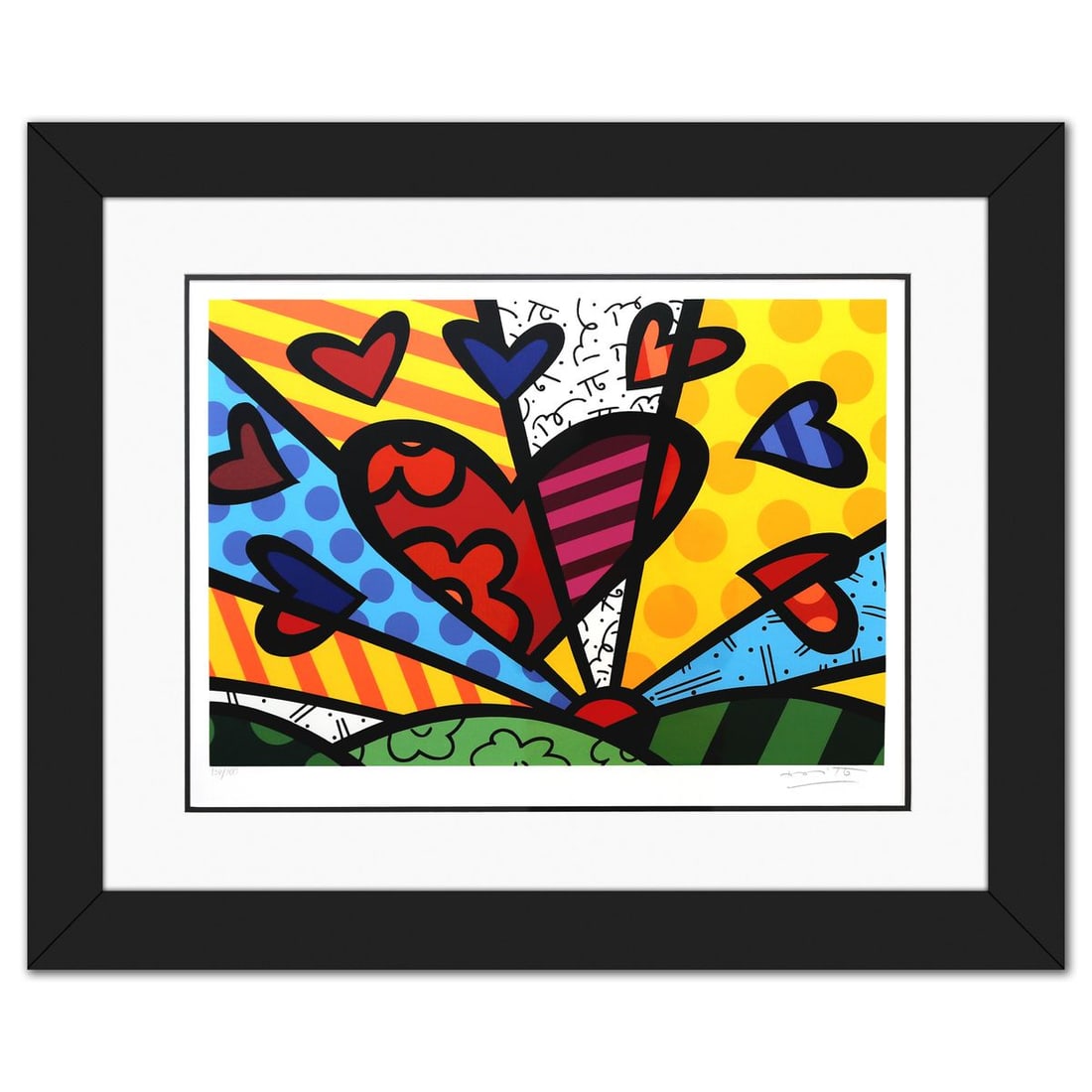 Romero Britto- Serigraph "A New Day": Artist: Romero Britto. Medium: Serigraph. Title: A New Day. Size: 18" x 25". Measures approx. 29" x 36" (framed). Signature: Hand signed and numbered. Certificate of Authenticity: Is included. Additio