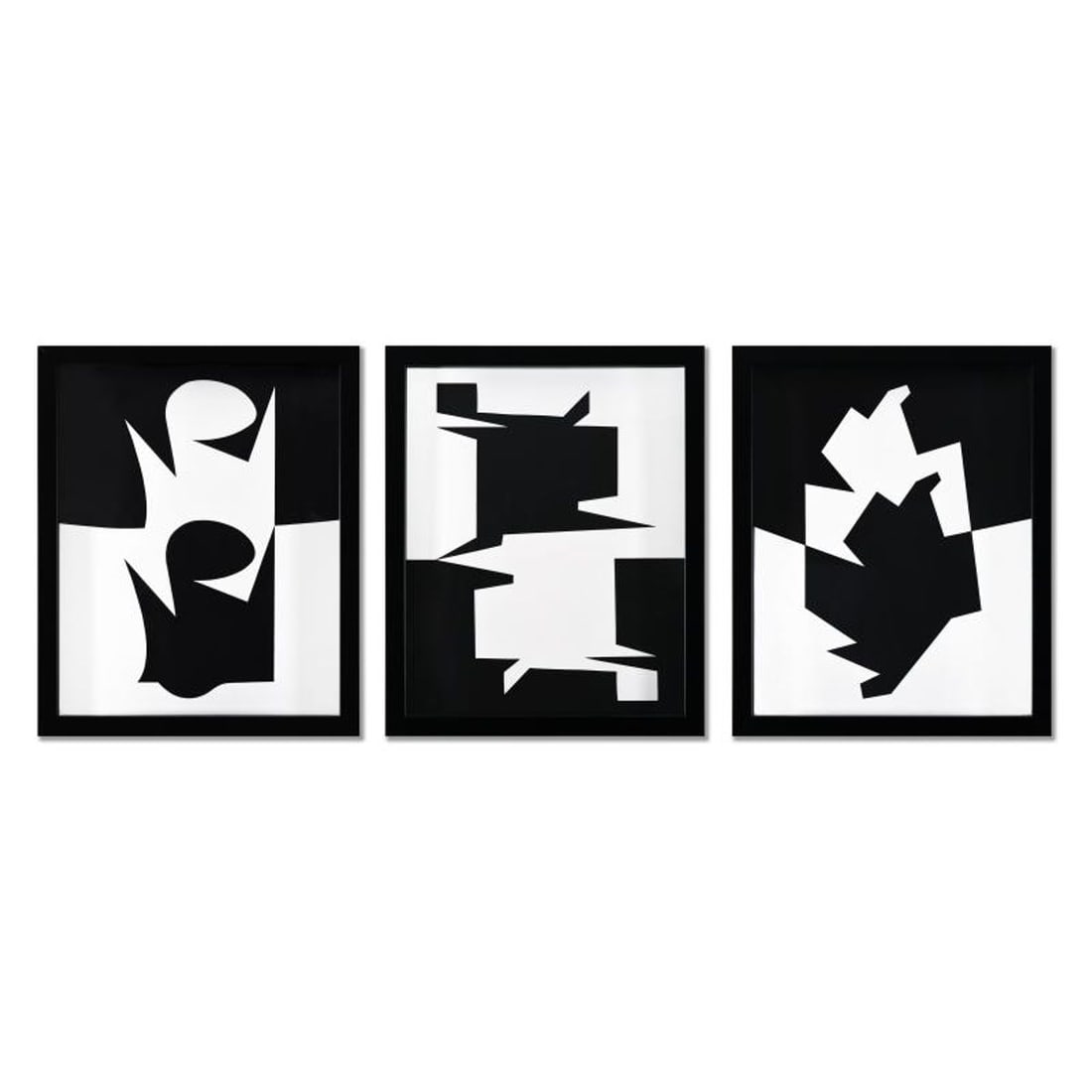 Victor Vasarely (1908-1997), "Ontil, Uzok, et Imbituba de la serie Etres Ou Fantomes (Triptych)": Ontil, Uzok, et Imbituba de la serie Etres Ou Fantomes (Triptych) is a set of heliogravure prints on paper, published in 1973, by Victor Vasarely (1908-1997). These pieces come custom framed, with a l
