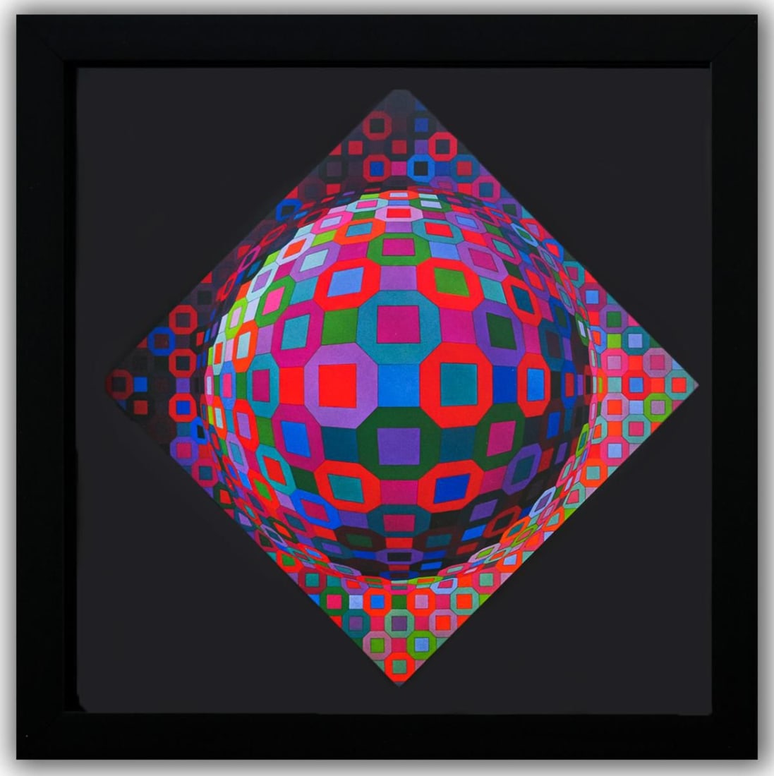 Victor Vasarely- Heliogravure Print "Planetary": Artist: Victor Vasarely. Medium: Heliogravure Print. Title: Planetary. Size: 10" x 10". Measures approx. 12" x 12" (framed). Additional: Custom Framed , 1975. Reference#: 21391.