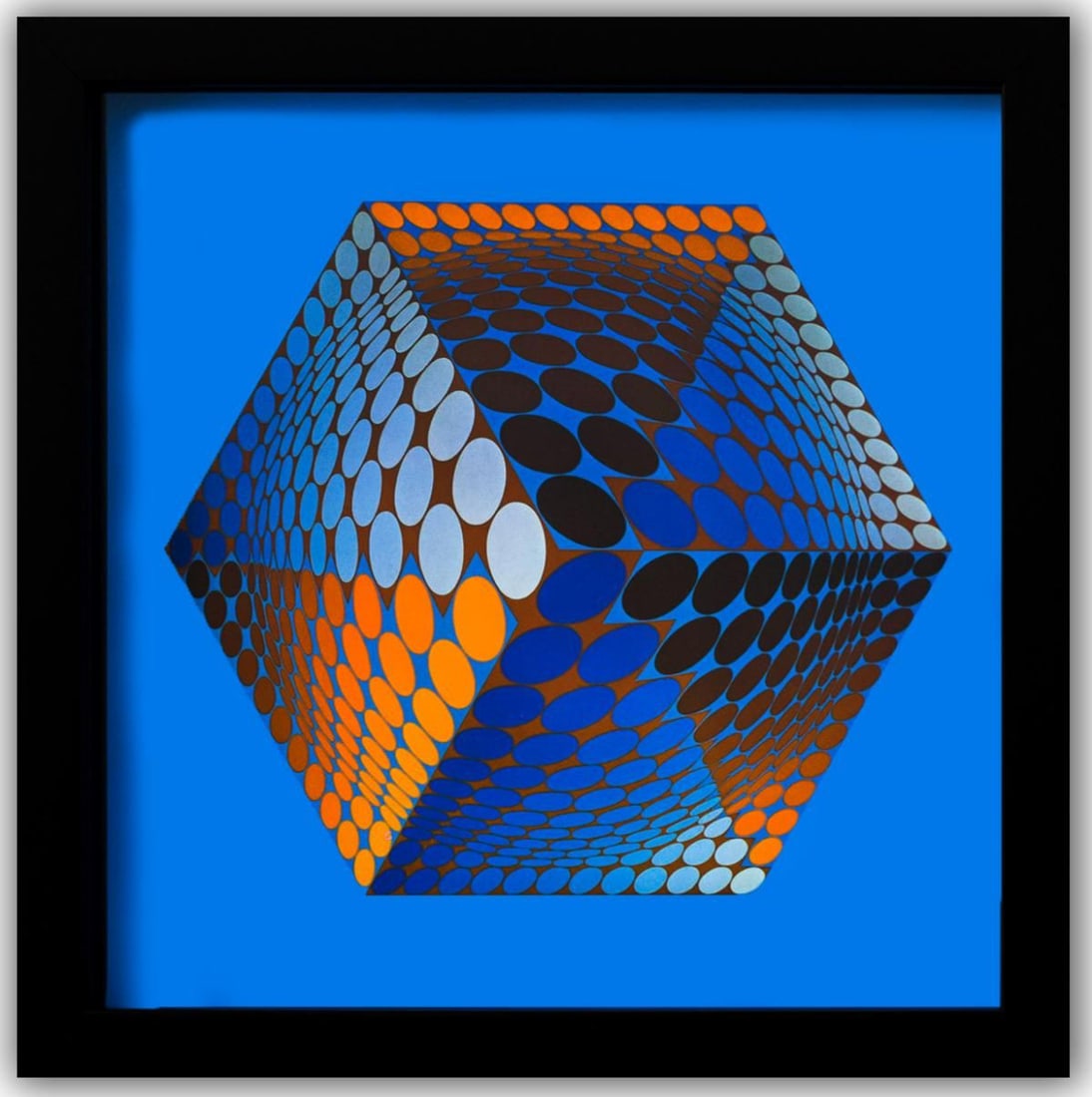 Victor Vasarely- Heliogravure Print "Tupa - 3": Artist: Victor Vasarely. Medium: Heliogravure Print. Title: Tupa - 3. Size: 10" x 10". Measures approx. 12" x 12" (framed). Additional: Custom Framed , 1975. Reference#: 21400.
