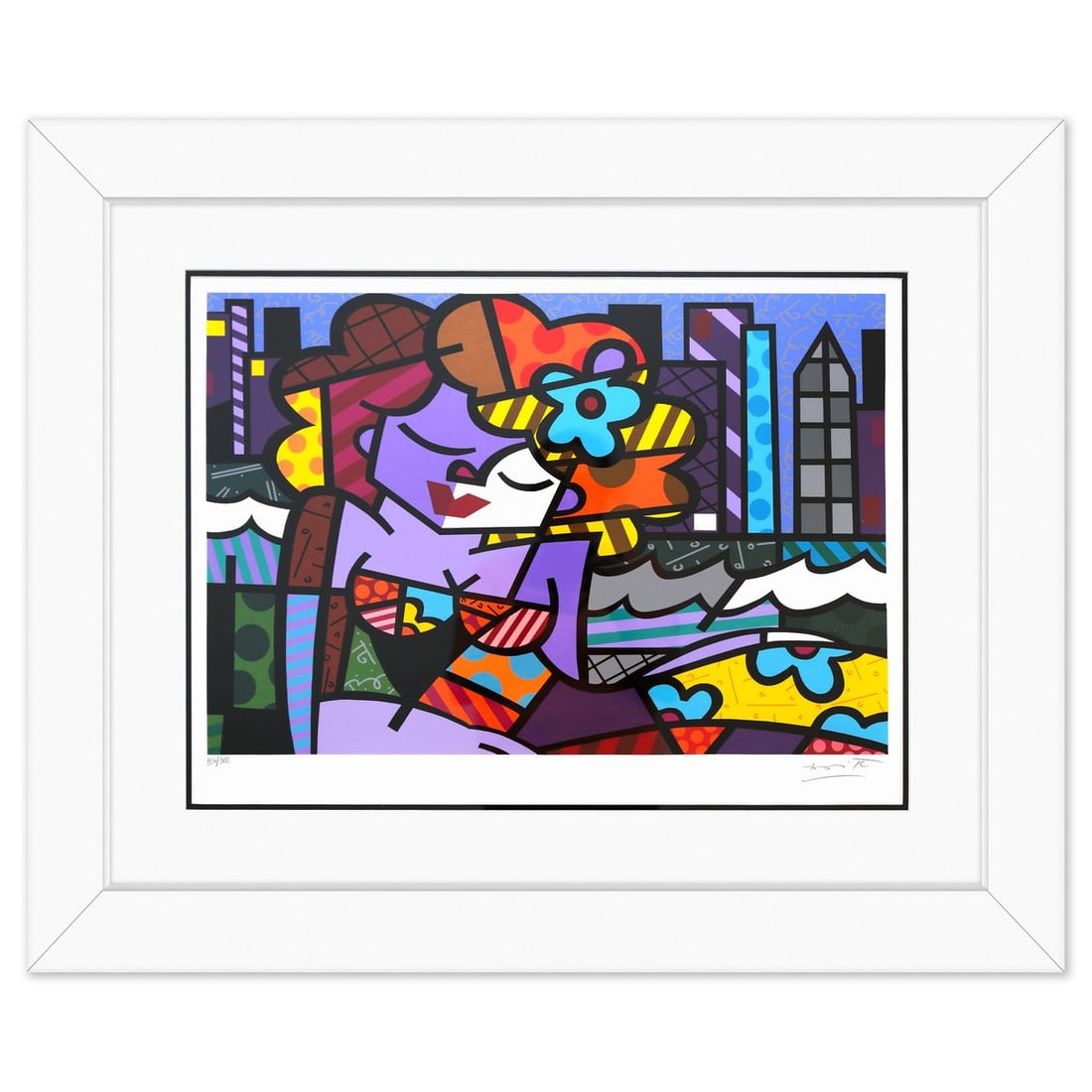Romero Britto- Serigraph "Downtown Girl": Artist: Romero Britto. Medium: Serigraph. Title: Downtown Girl. Size: 18" x 25". Measures approx. 29" x 36" (framed). Signature: Hand signed and numbered. Certificate of Authenticity: Is included. Add