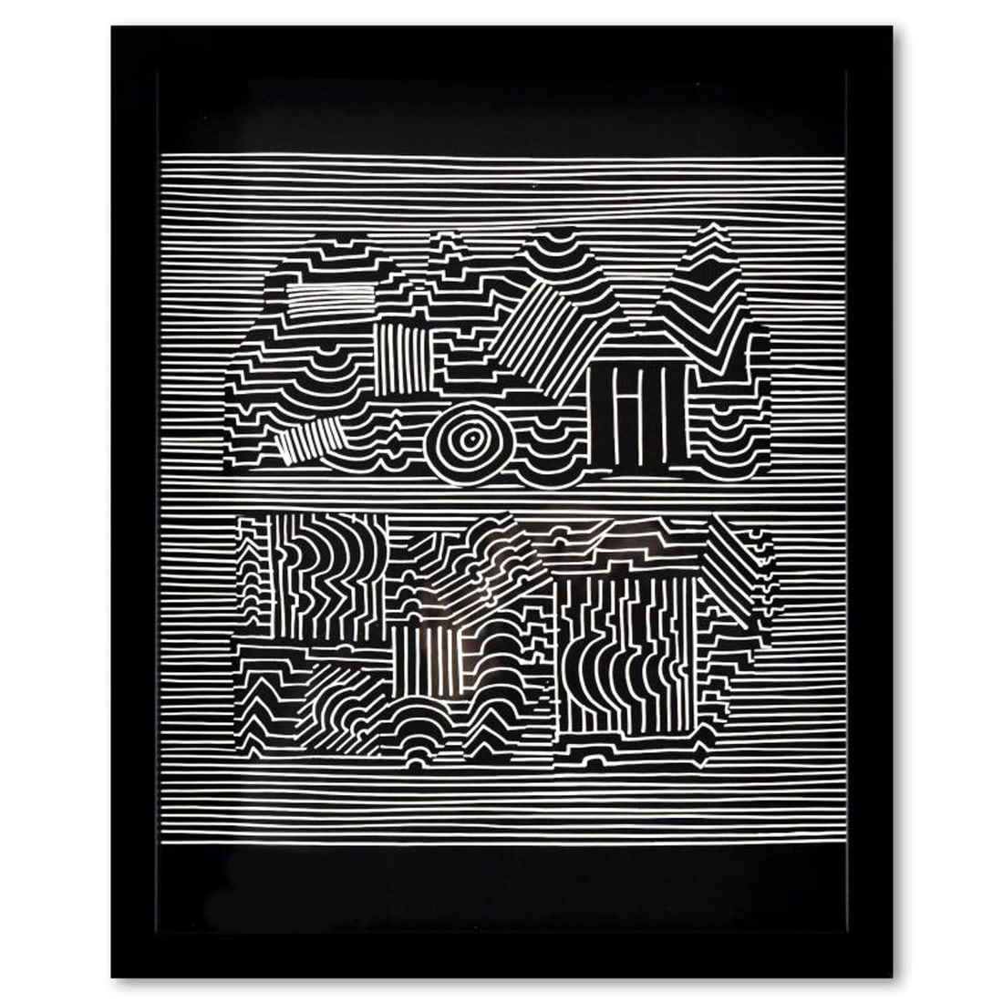 Victor Vasarely (1908-1997), "Naissances - II de la serie Ondulatoires" Framed 1973 Heliogravure: Naissances - II de la serie Ondulatoires is a heliogravure print on paper, published in 1973, by Victor Vasarely (1908-1997). This piece comes custom framed, with a letter of authenticity and with a 1