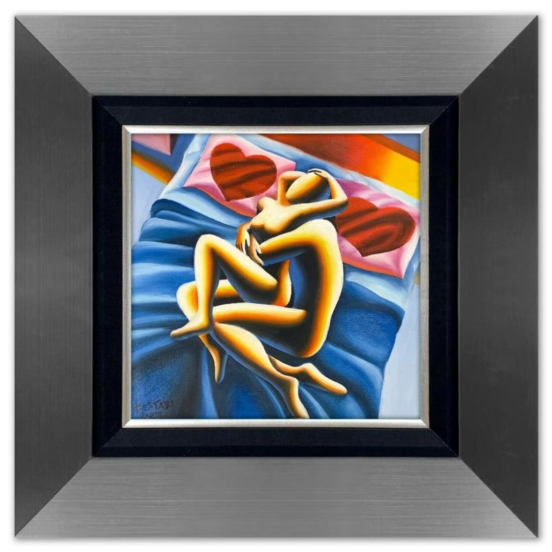 Mark Kostabi, "Whirling Passion" Framed Original Oil Painting on Canvas, Hand Signed with a: Whirling Passion is an original oil painting on canvas by Mark Kostabi, hand signed by the artist. This piece comes custom framed. Includes Certificate of Authenticity. Measures approx. 22" x 22" (fra