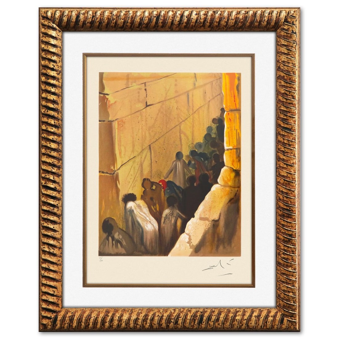 Salvador Dali- Original Lithograph "The Wailing Wall": Artist: Salvador Dali. Medium: Original Lithograph. Title: The Wailing Wall. Size: 20" x 16". Measures approx. 35" x 29" (framed). Signature: Hand signed and numbered. Certificate of Authenticity: Is 