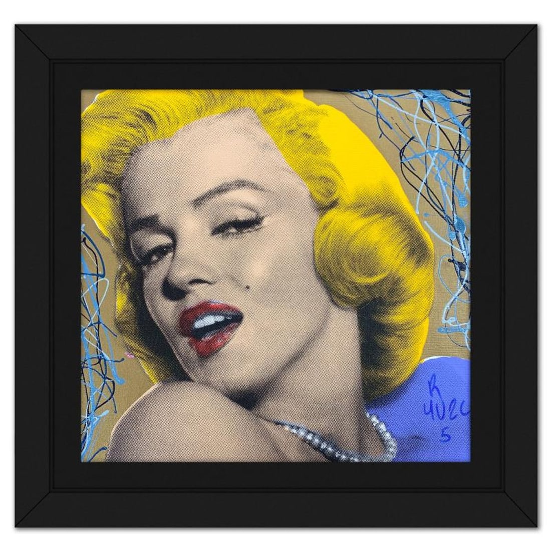 Ringo Daniel Funes, "Marilyn with Pearls" Framed One-of-a-Kind Mixed Media on Canvas, Hand Signed: Marilyn with Pearls is a one-of-a-kind hand-pulled mixed media silkscreen on canvas by Ringo (Daniel Funes) - protege of Andy Warhol's apprentice, Steve Kaufman.This piece is hand signed by the artist