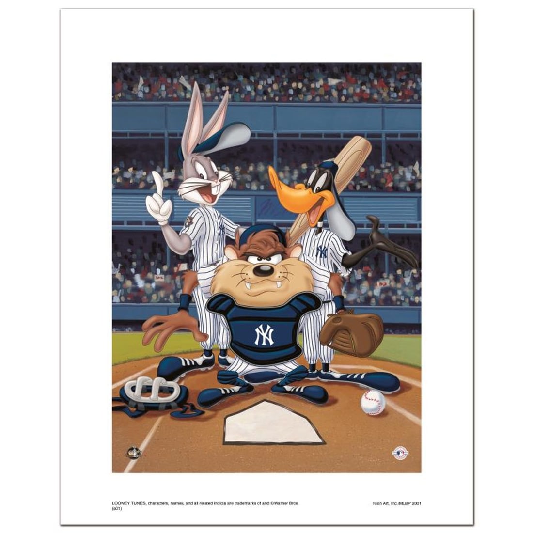 At the Plate (Yankees) Numbered Limited Edition Giclee from Warner Bros. with Certificate of: At the Plate (Yankees) is a limited edition giclee on paper from Warner Bros. featuring iconic Looney Tunes characters in New York Yankees MLB uniforms. It comes numbered, with hologram seal, and a Ce