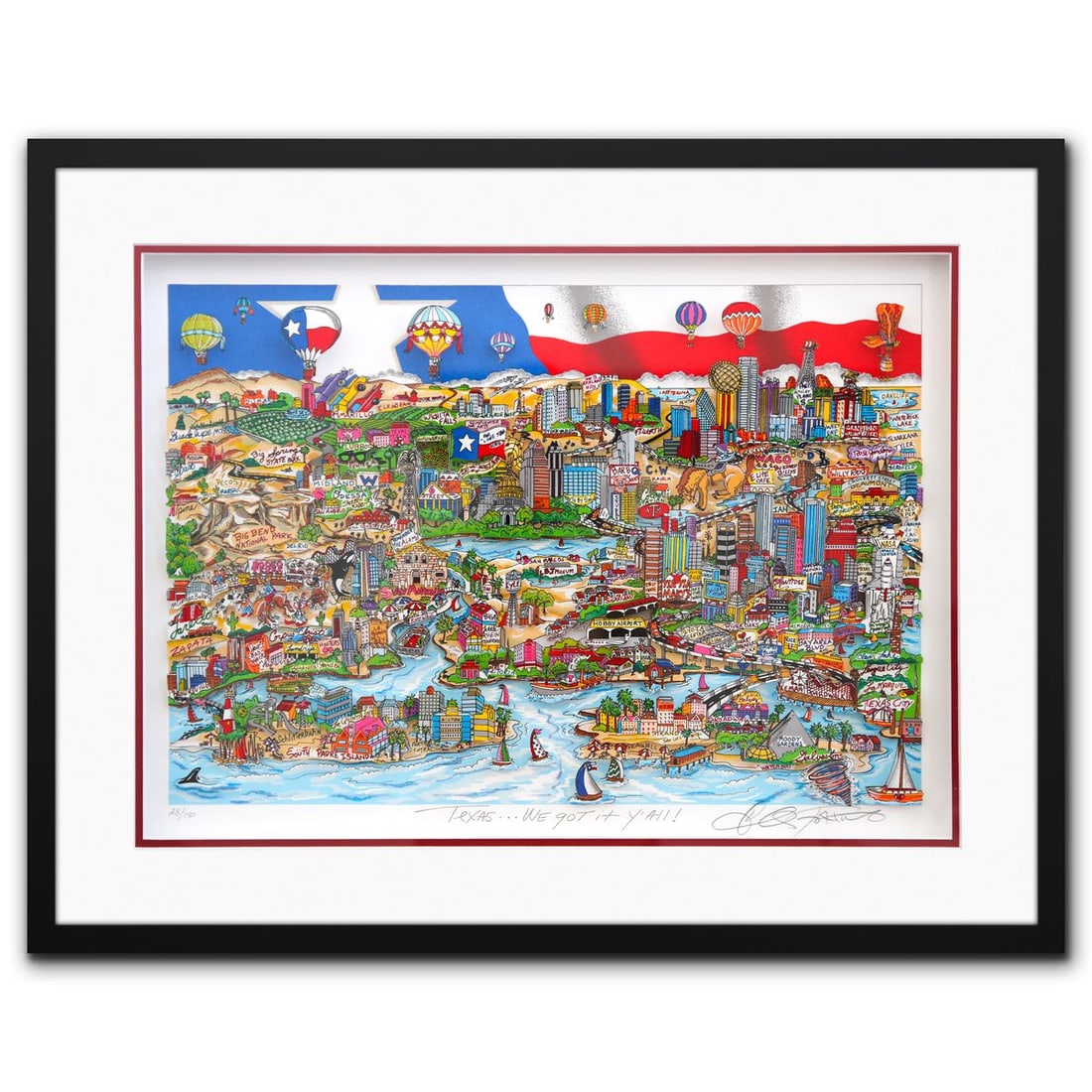 Charles Fazzino- 3D Construction Silkscreen Serigraph "Texas…We Got It Y’all": Artist: Charles Fazzino. Medium: 3D Construction Silkscreen Serigraph. Title: Texas…We Got It Y’all. Size: 16" x 23". Measures approx. 23" x 29" (framed). Signature: Hand signed and numbered. Cert