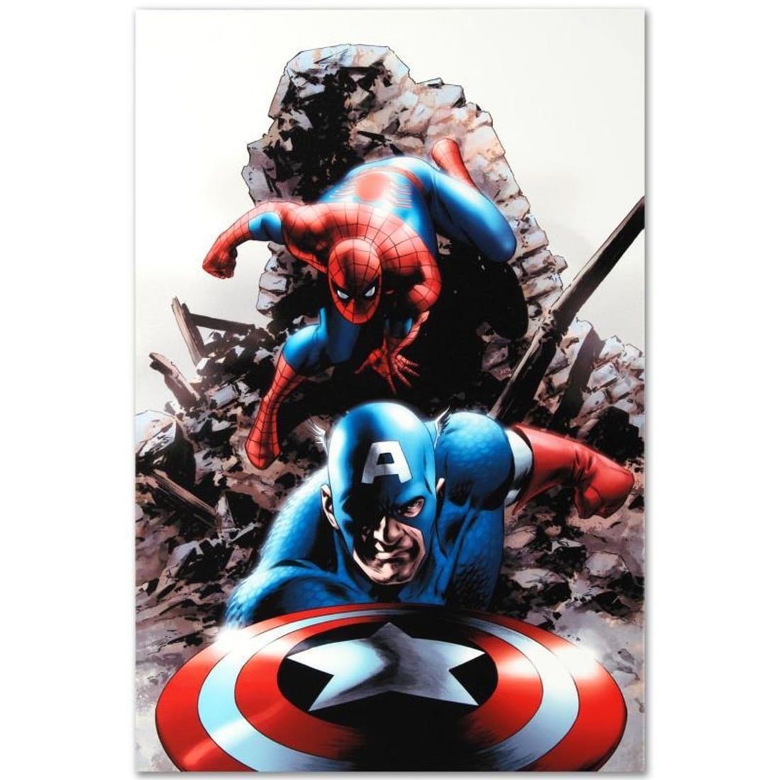 Marvel Comics "Spectacular Spider-Man #15" Numbered Limited Edition Giclee on Canvas by Steve Epting: A piece of comic book history, this limited edition, from original art by Steve Epting, depicts Captain America and Spider-Man. Steve Epting began working with Marvel Comics in the early 1990s; his fi