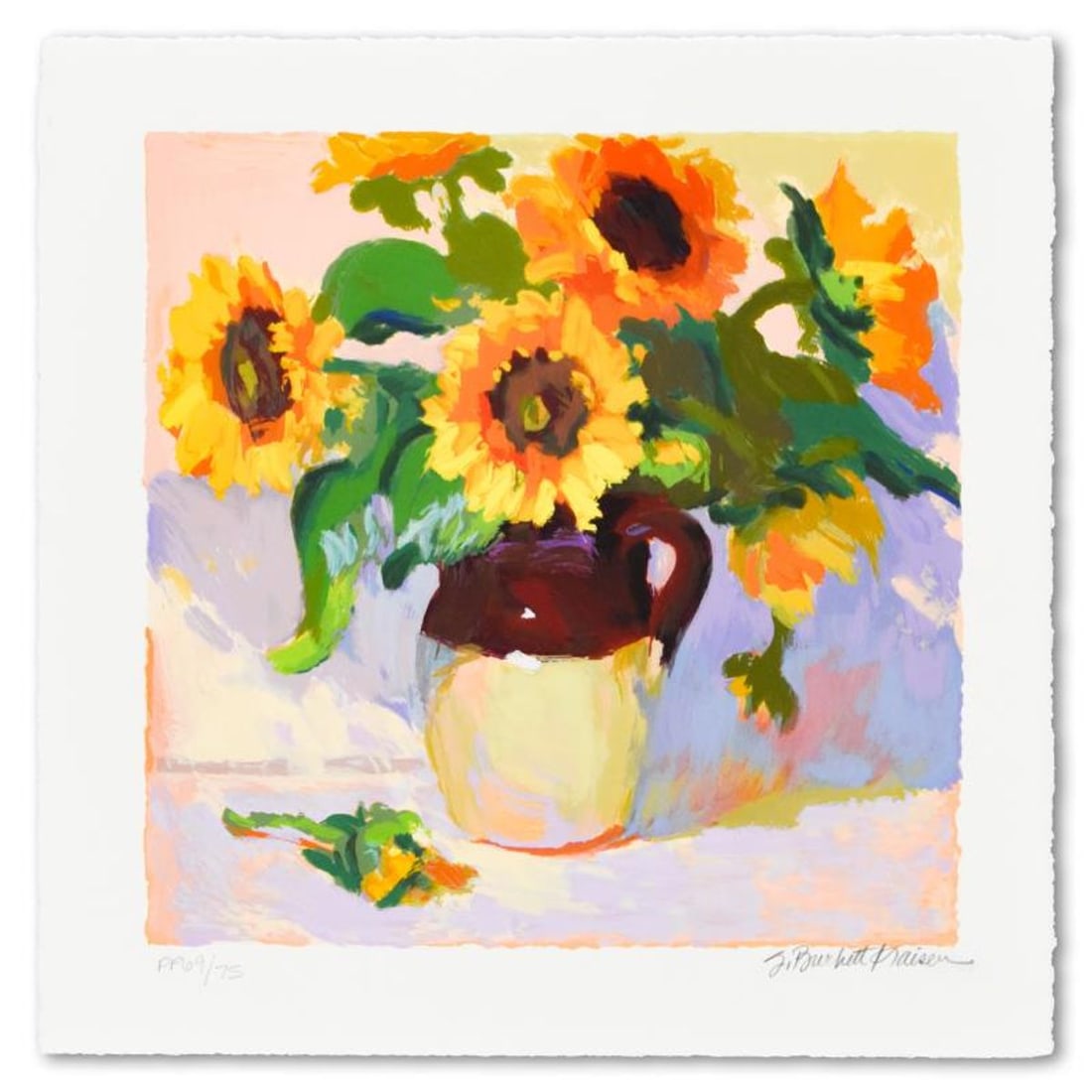 S. Burkett Kaiser, "Sunflowers" Limited Edition, Numbered and Hand Signed with Letter of: Sunflowers is a limited edition giclee on paper by S. Burkett Kaiser, numbered and hand signed by the artist. Includes Letter of Authenticity. Measures approx. 15" x 15" (border), 12" x 12" (image). R