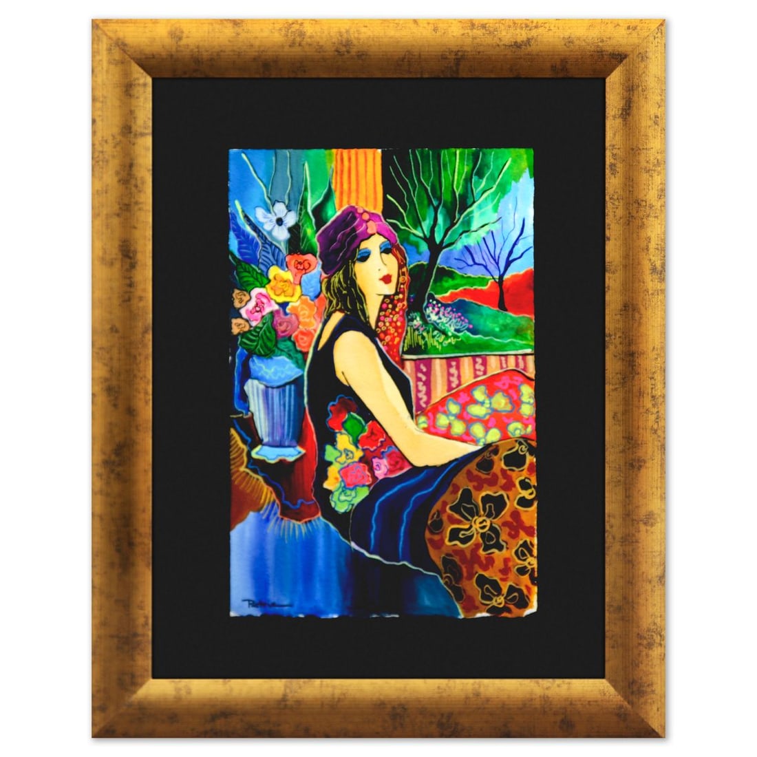 Patricia Govezensky- Original Watercolor "Garden Reverie": Artist: Patricia Govezensky. Medium: Original Watercolor. Title: Garden Reverie. Size: 11" x 7". Measures approx. 18" x 14" (framed). Signature: Hand signed. Certificate of Authenticity: Is included. 