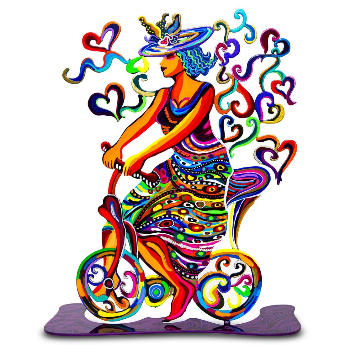 Patricia Govezensky- Original Free Standing Sculpture "Lady on Bicycle with Hearts": Artist: Patricia Govezensky. Medium: Original Free Standing Sculpture. Title: Lady on Bicycle with Hearts. Size: 12" x 9". Signature: Hand Signed by the artist. Certificate of Authenticity: Is include