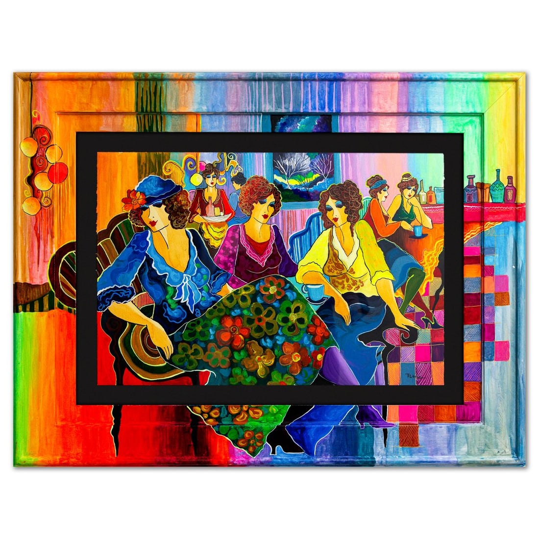 Patricia Govezensky- Original Watercolor with Hand Painted Frame "Paris in Conversation": Artist: Patricia Govezensky. Medium: Original Watercolor with Hand Painted Frame. Title: Paris in Conversation. Size: 15" x 22". Measures approx. 25" x 33" (framed). Signature: Hand Signed by the Arti