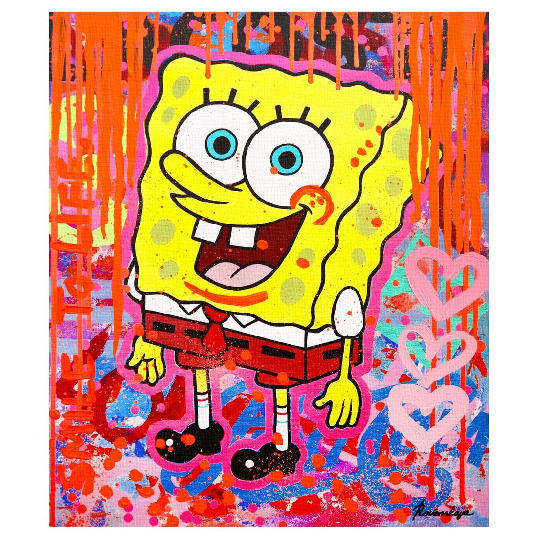Nastya Rovenskaya- Mixed Media on Canvas "SpongeBob Gone Wild": Artist: Nastya Rovenskaya. Medium: Mixed Media on Canvas. Title: SpongeBob Gone Wild. Size: 24" x 20". Signature: Hand Signed. Certificate of Authenticity: Is included. Reference#: 30221.