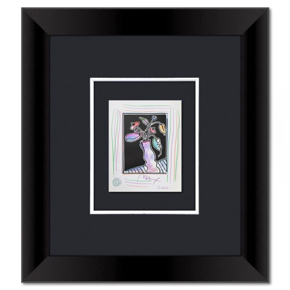 Peter Max, "Vase of Flowers I" Framed One-of-a-Kind Mixed Media, Hand Signed with Registration: Vase of Flowers I is a one-of-a-kind mixed media on paper, hand signed by Peter Max. The piece comes custom framed with a backside cutout to display Peter Max Studio registration number 340592 certify