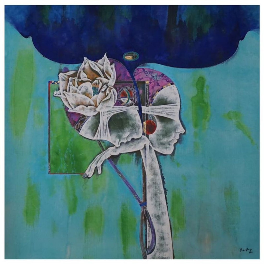 Lu Hong, "Floral Spirit 02" Original Mixed Media Painting, Hand Signed and with Letter of: Floral Spirit 02 (2003) is an original mixed media painting on paper by Lu Hong. Hand signed by the artist, the piece comes with a letter of authenticity. Measures approximately 35" x 34.5".