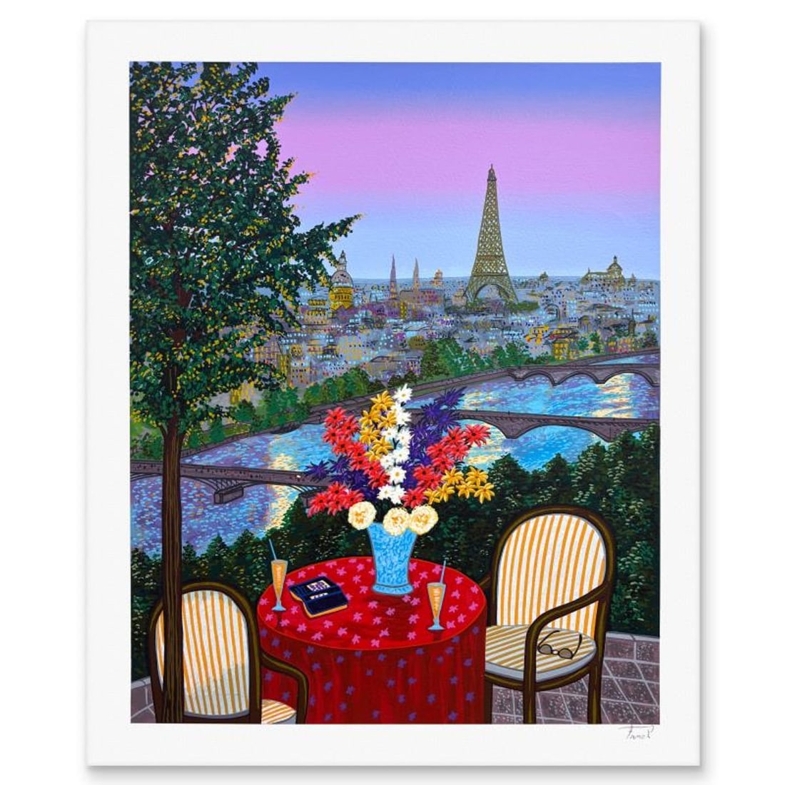 Fanch Ledan, "Aperitif by the Seine" Limited Edition Serigraph, AP Numbered and Hand Signed with: Aperitif by the Seine is a limited edition serigraph on paper by Fanch Ledan, AP numbered and hand signed by the artist. Includes Letter of Authenticity. Measures approx. 20" x 16.5" (border), 18" x 1