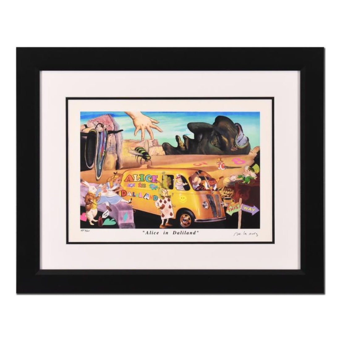 Nelson De La Nuez, "Alice in Daliland" Framed Limited Edition Artist Proof, Numbered and Hand Signed: Alice in Daliland is a limited edition artist proof on paper by Nelson De La Nuez, numbered and hand signed by the artist. This piece comes custom framed. Includes Letter of Authenticity. Measures