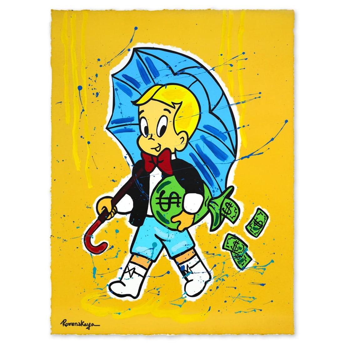 Nastya Rovenskaya- Original Mixed Media on Deckled Edge Paper "Wealth Under Shelter": Artist: Nastya Rovenskaya. Medium: Original Mixed Media on Deckled Edge Paper. Title: Wealth Under Shelter. Size: 26" x 20". Signature: Hand Signed by the artist. Certificate of Authenticity: From the